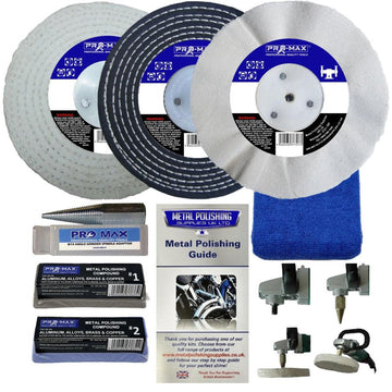 Metal polishing kit with three buffing wheels, compounds, spindle adapter, guide and blue microfibre cloth