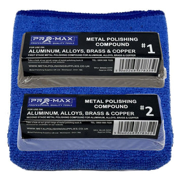Drill Aluminium Alloy Brass Copper metal polishing compound bars, blue and brown, in clear packs on a blue cloth
