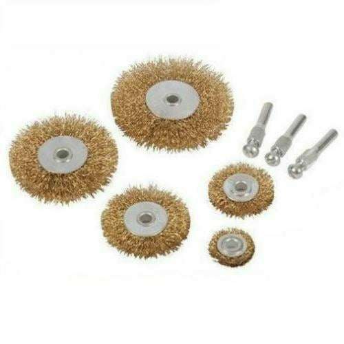 Drill Aluminium Alloy Brass Copper polishing kit with five brass wire wheels and three silver mandrel attachments.