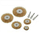 Drill Aluminium Alloy Brass Copper polishing kit with five brass wire wheels and three silver mandrel attachments.