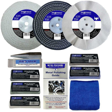 Sander Polisher metal polishing kit with three buffing wheels, compounds, spindle adaptor and blue cloth