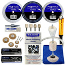 metal polishing kit with three stitched polishing wheels, abrasive compounds, flexi-drive shaft, felt wheels and guide