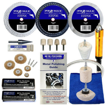 metal polishing kit with three stitched polishing wheels, abrasive compounds, flexi-drive shaft, felt wheels and guide
