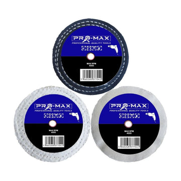 metal polishing kit with three round Pro-Max buffing wheels in black, white, and grey stitched cotton