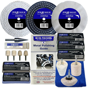 Metal Polishing Kits featuring three buffing wheels, felt bobs, polishing compounds and drill mandrel
