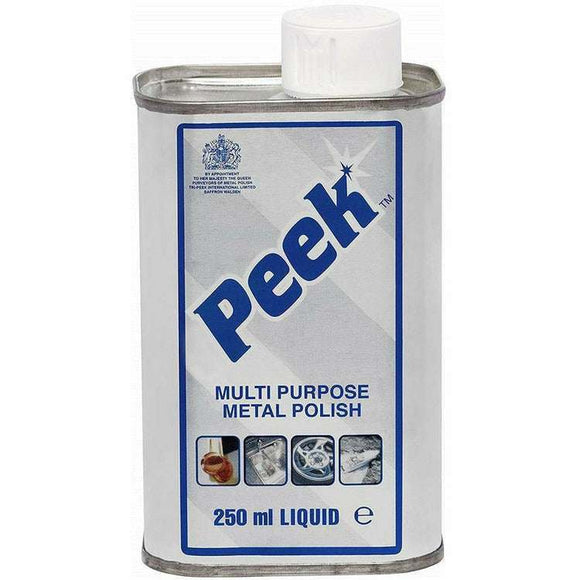 Peek Metal Polish 250ml liquid metal polish in a silver tin with blue and white label and white cap