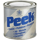 Peek Metal Polish 250ml tin with silver metal finish, blue label, and polishing paste for metals, fibreglass and ceramic