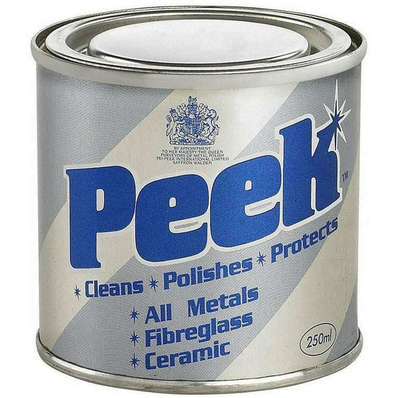 Peek Metal Polish 250ml tin with silver metal finish, blue label, and polishing paste for metals, fibreglass and ceramic