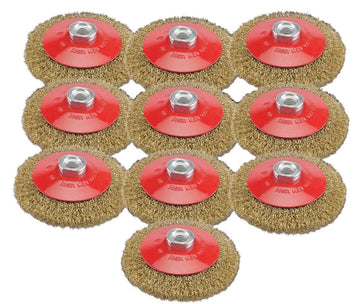 Pro-Max 10 x Angle Grinder wire wheel brushes, brass-plated steel with crimped gold bristles and red hubs
