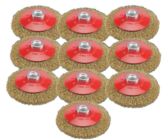 Pro-Max 10 x Angle Grinder wire wheel brushes, brass-plated steel with crimped gold bristles and red hubs
