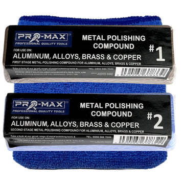 Pro-Max 250g Aluminium Alloy metal polishing compound bars, brown and blue, with blue microfibre cloth

