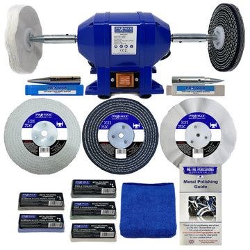 Pro-Max 250W Bench Grinder in blue with white and black buffing wheels, polishing compounds, cloth and guide