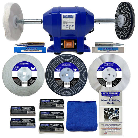 Pro-Max 250W Bench Grinder in blue with white and black buffing wheels, polishing compounds, cloth and guide