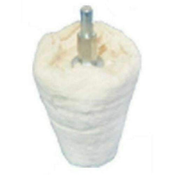 Pro-Max 60mm Goblet soft white cotton polishing buffing wheel with a metal shaft and tapered goblet shape