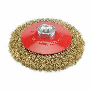 Pro-Max Angle Grinder wire wheel with brass-plated steel bristles, red disc and central M16 threaded nut