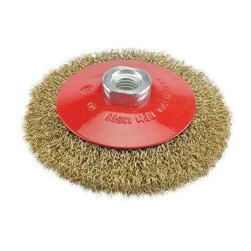 Pro-Max Angle Grinder wire wheel with brass-coloured steel bristles, red metal plate and central threaded hub