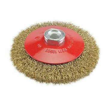 Pro-Max Angle Grinder wire wheel with brass-coloured steel bristles, red metal plate and central threaded hub