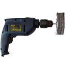 Pro-Max Bench Grinder adapter shown fitted to a blue corded drill with a stacked metal polishing wheel