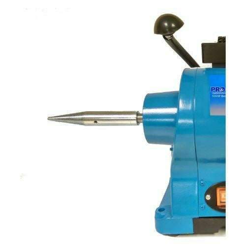 Pro-Max Bench Grinder with blue metal housing and silver tapered left-hand spindle adapter