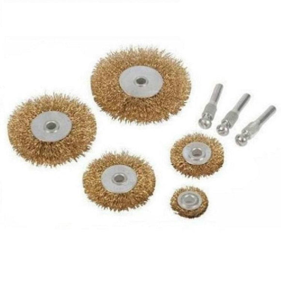 Pro-Max Bench Grinder accessory kit with six brass wire wheels and three metal mandrels in assorted sizes