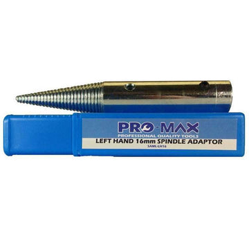 Pro-Max Bench Grinder left-hand spindle adapter in silver metal with tapered threaded shaft and blue storage case