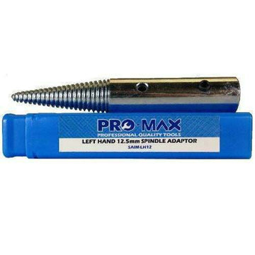 Pro-Max Bench Grinder left hand spindle adapter in silver metal with threaded taper and blue branded case