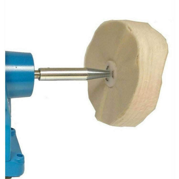 Pro-Max Bench Grinder metal polishing adapter with silver tapered spindle attached to a beige buffing wheel