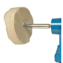 Pro-Max Bench Grinder metal polishing spindle adapter with silver tapered shaft fitted to a beige buffing wheel