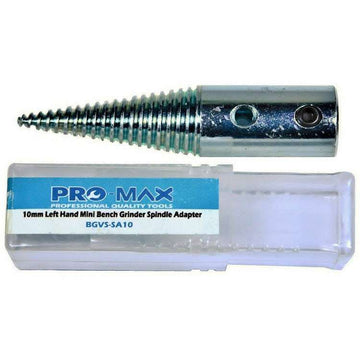 Pro-Max Bench Grinder metal polishing spindle adapter in silver metal with threaded taper and side holes