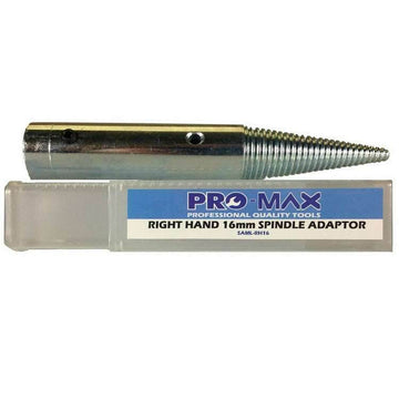 Pro-Max Bench Grinder right hand spindle adapter, silver metal with tapered threaded shaft and 16mm bore