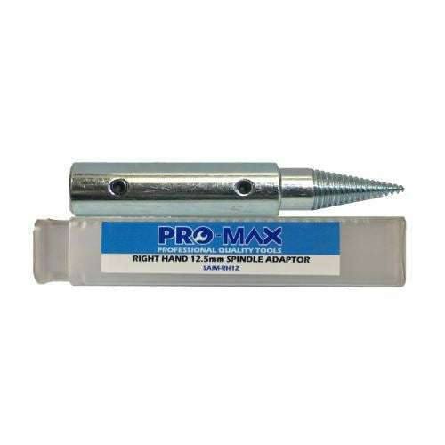 Pro-Max Bench Grinder right-hand spindle adapter, silver metal, cylindrical body with tapered threaded mandrel