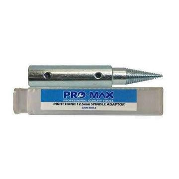 Pro-Max Bench Grinder right-hand spindle adapter, silver metal, cylindrical body with tapered threaded mandrel