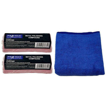Pro-Max Chrome 250g metal polishing compound kit with two pink bars and blue microfibre cloth