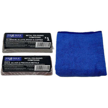 Pro-Max Jewellers Rouge polishing compound kit with two labelled metal bars and blue microfibre cloth
