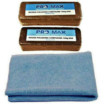 Jewellery polishing compound kit with brown and dark rouge bars plus a folded blue microfibre cloth, Pro-Max Jewellers Rouge