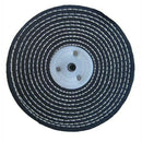 Pro-Max metal polishing wheel in black stitched fabric with concentric white stitching and central metal bore