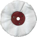 Pro-Max metal polishing wheel with white soft fabric buffing layers and a red metal centre plate