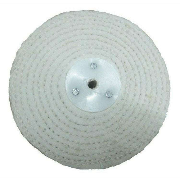 Pro-Max metal polishing wheel in white stitched fabric with concentric layers and central mounting bore