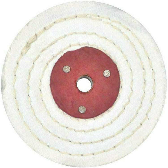 Pro-Max metal polishing wheel in white stitched cotton with red centre hub and five-millimetre bore