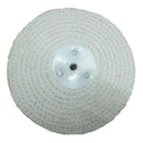 Pro-Max metal polishing wheel, white stitched cotton buffing wheel with a central metal bore and three fasteners