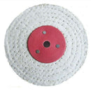 Pro-Max metal polishing wheel, white stitched fabric buffing wheel with red metal centre and round bore
