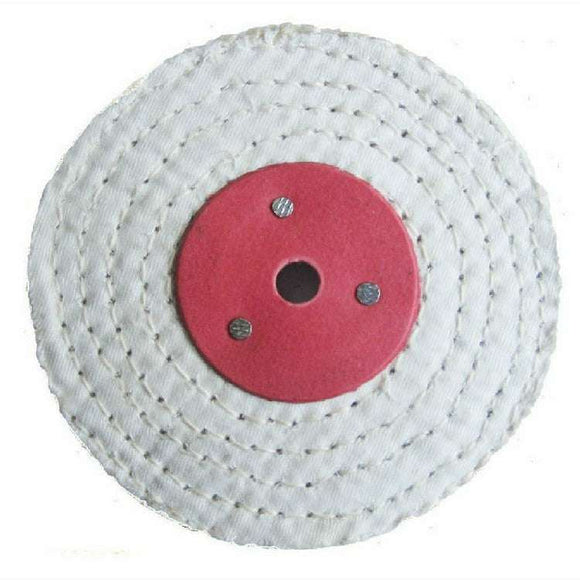 Pro-Max metal polishing wheel, white stitched fabric buffing wheel with red metal centre and round bore