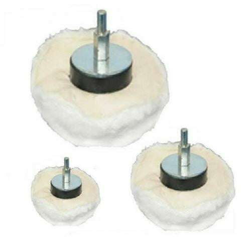 Pro-Max Metal Polishing white cotton buffing wheels with metal arbors in three sizes