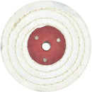 Pro-Max metal polishing white stitched buffing wheel with layered fabric and red metal centre