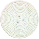 Pro-Max metal polishing white stitched cotton buffing wheel with layered circular construction and central mounting bore