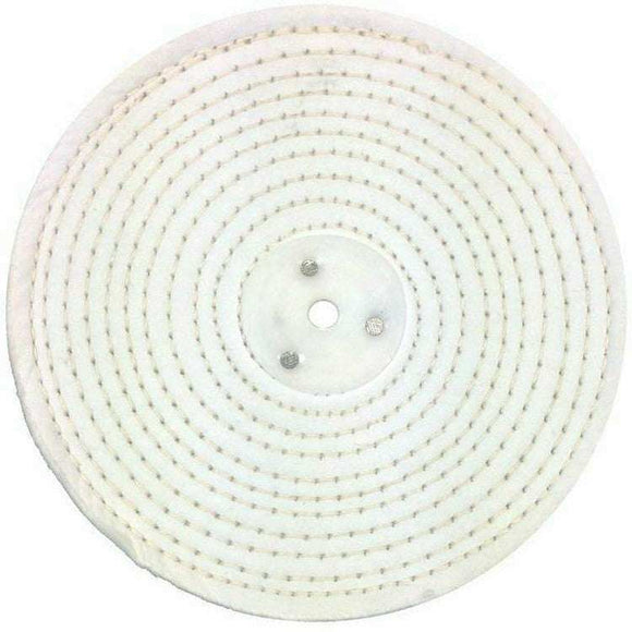 Pro-Max metal polishing white stitched cotton buffing wheel with layered circular construction and central mounting bore