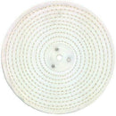 Pro-Max metal polishing white stitched cotton buffing wheel with concentric sewn rings and central metal hub