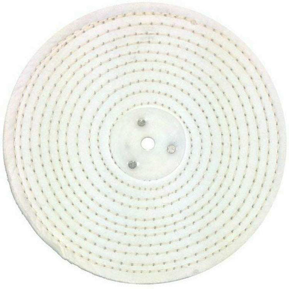 Pro-Max metal polishing white stitched cotton buffing wheel with concentric sewn rings and central metal hub