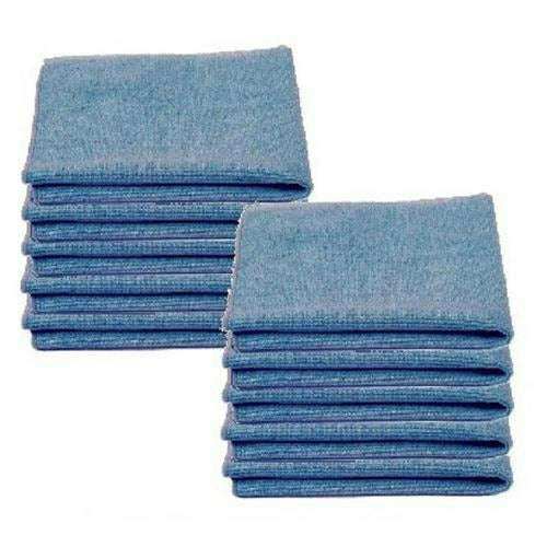 Pro-Max Microfibre Cloths, blue 250gsm fabric cleaning cloths with folded edges, shown in two stacked piles