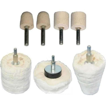 Pro-Max mounted polishing wheel set with seven white cotton and felt buffing wheels, varied shapes and metal shafts